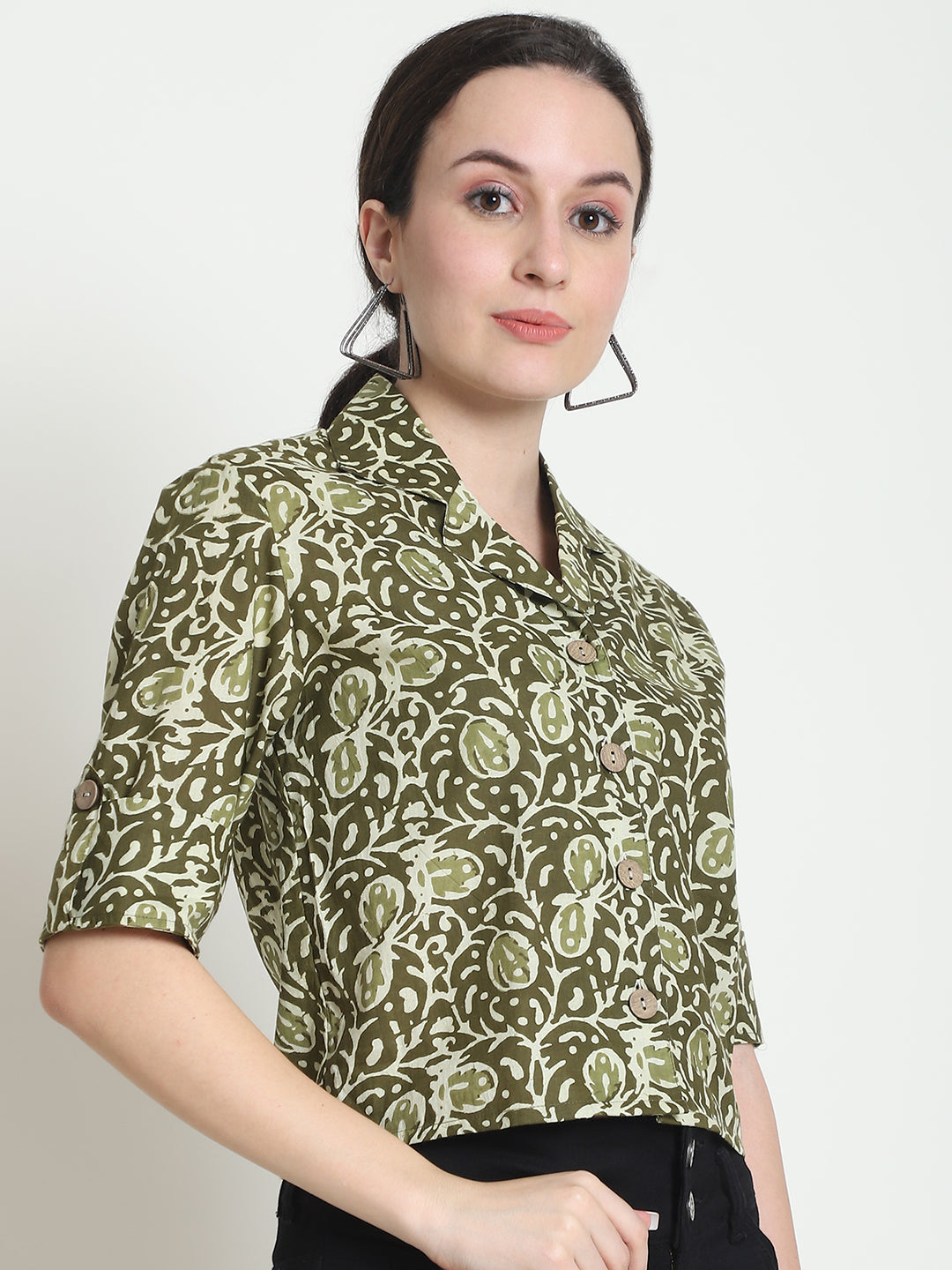 Olive Floral Pure Cotton Short Top