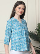 Frempy Women Aqua Blue Floral Printed Pure Cotton Top