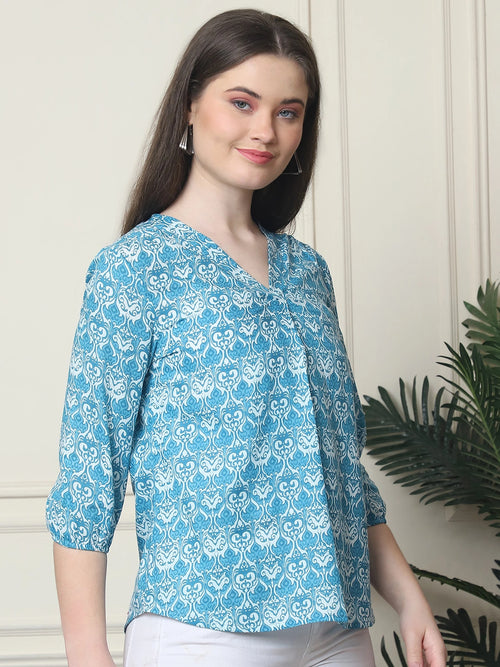 Frempy Women Aqua Blue Floral Printed Pure Cotton Top