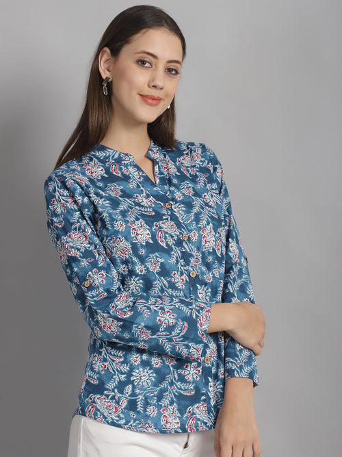 Blue Floral Printed Pure Cotton Top