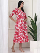Frempy Women Pink Floral Printed Maternity Dress