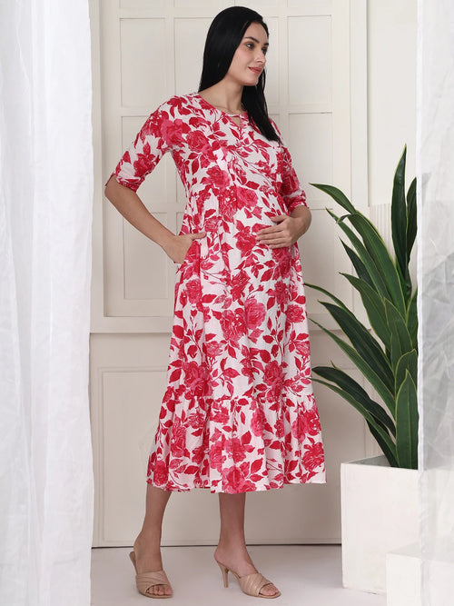Frempy Women Pink Floral Printed Maternity Dress