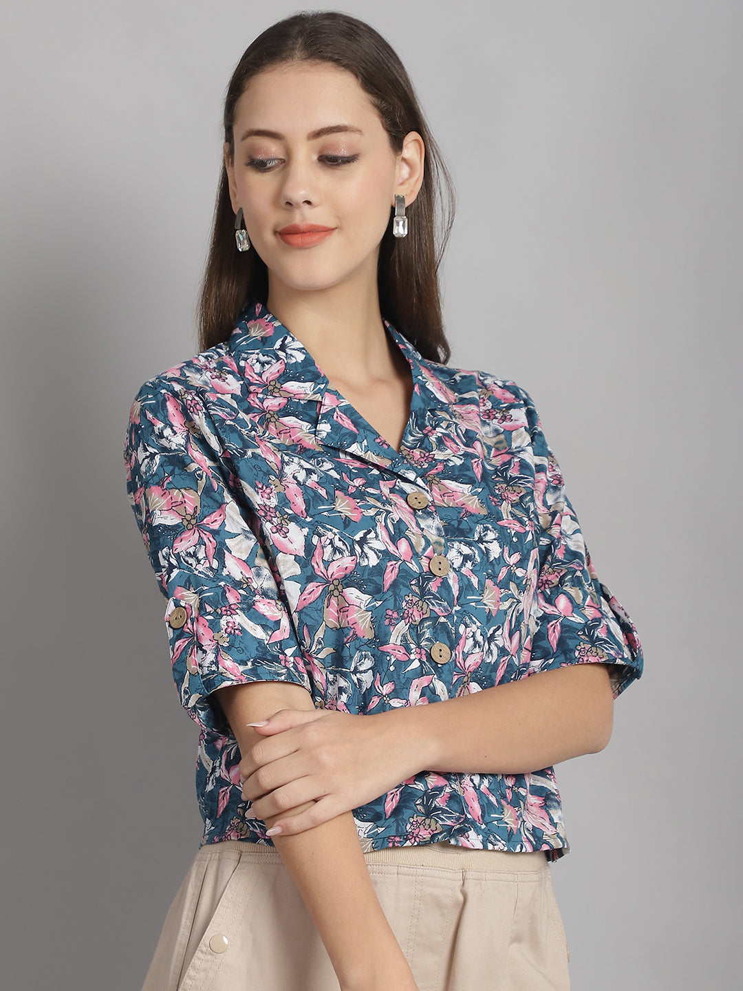 Blue Floral Printed Floral Pure Cotton Top
