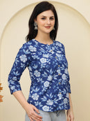 Navy Blue Floral Buttoned Mandarin Collar Cotton Top