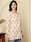 Ivory Ethnic Motifs Printed Lace-Up Back Pure Cotton Short Kurti