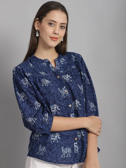 Frempy Women Navy Blue Animal Printed Pure Cotton Top