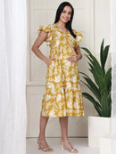 Frempy Women Yellow Floral Printed Maternity Midi Dress
