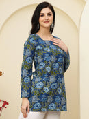 Teal Blue Floral Bell Sleeve Pure Cotton Short Kurti