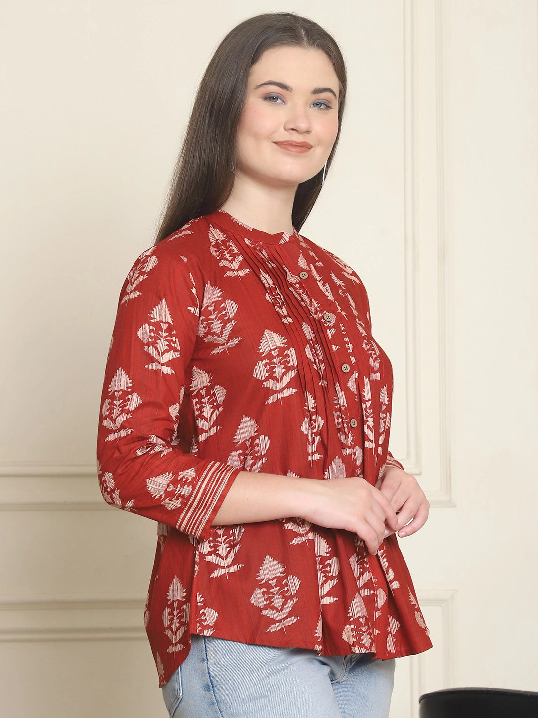 Frempy Women Maroon Motifs Printed Pure Cotton Top