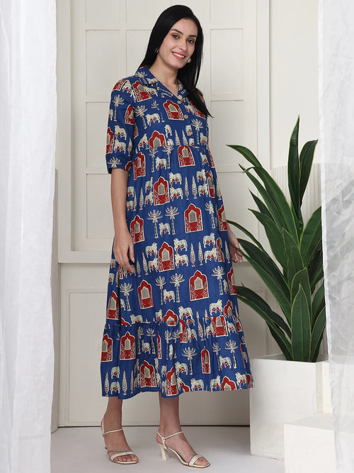 Frempy Women Fit and Flare Blue Printed Maxi/Full Length Maternity Dress