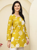 Mustard Floral Bell Sleeve Pure Cotton Short Kurti