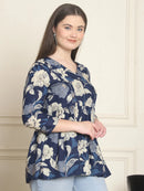 Frempy Women Navy Blue Floral Pure Cotton Tops