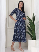 Frempy Women Navy Blue Floral Printed  Maternity Dress