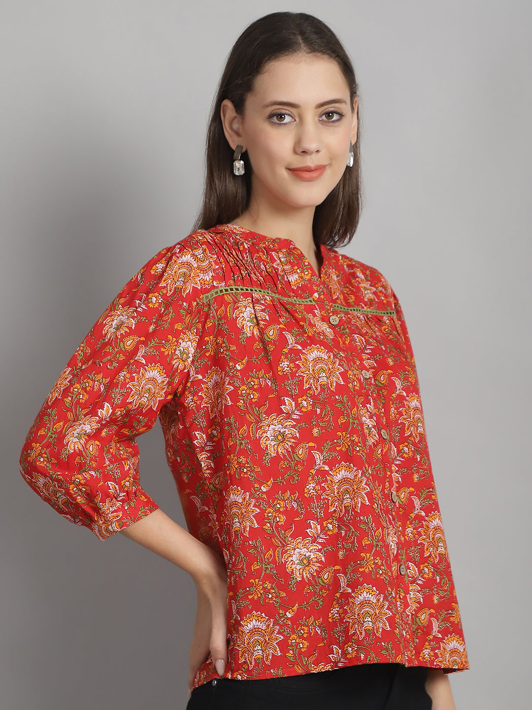 Red Floral Printed Floral Pure Cotton Top