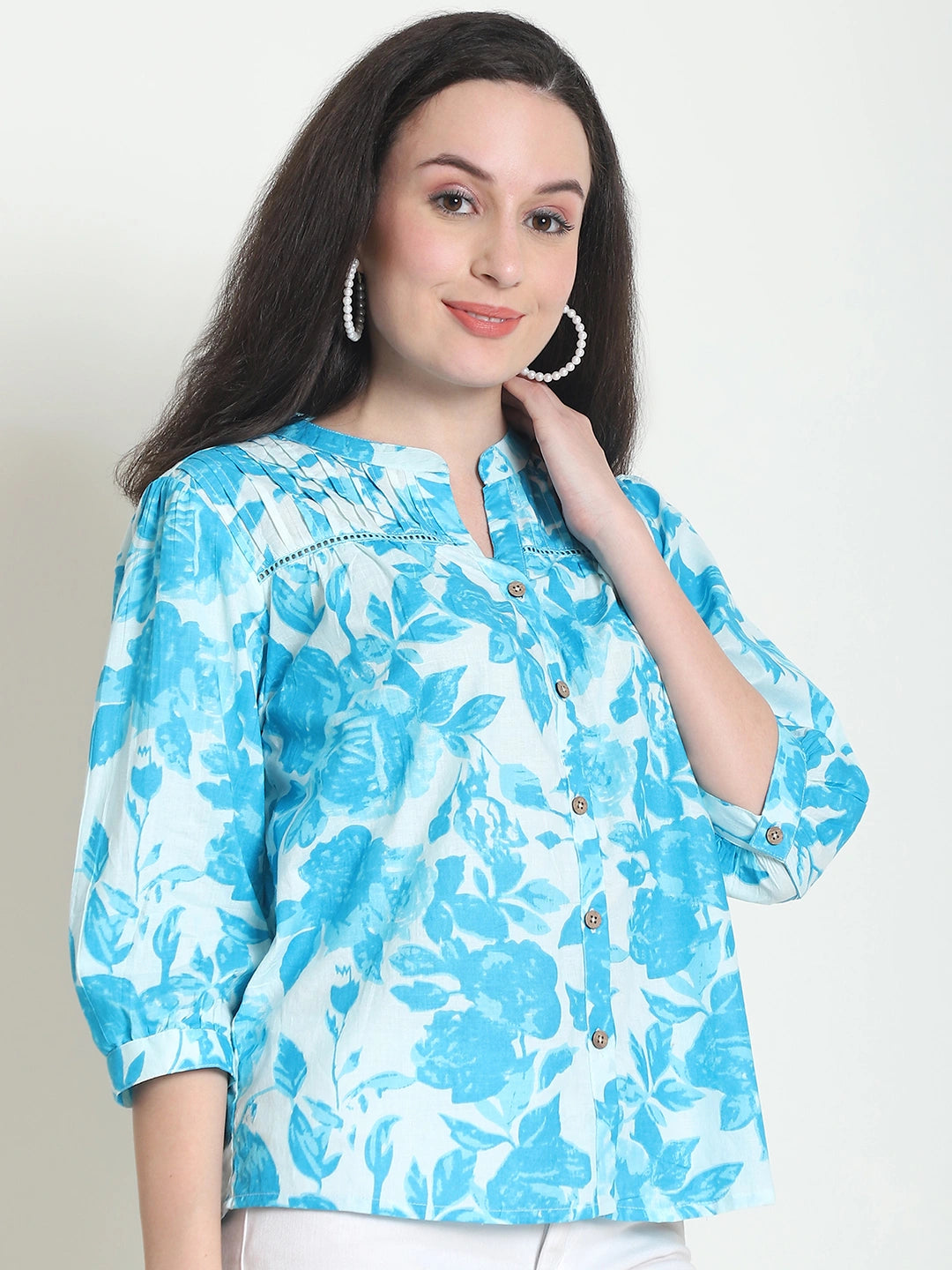 Frempy Women Blue Floral Printed Pure Cotton Top