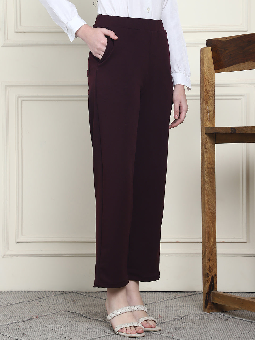 Frempy Women's High-Rise Relaxed Straight Leg Formal Trousers - Maroon