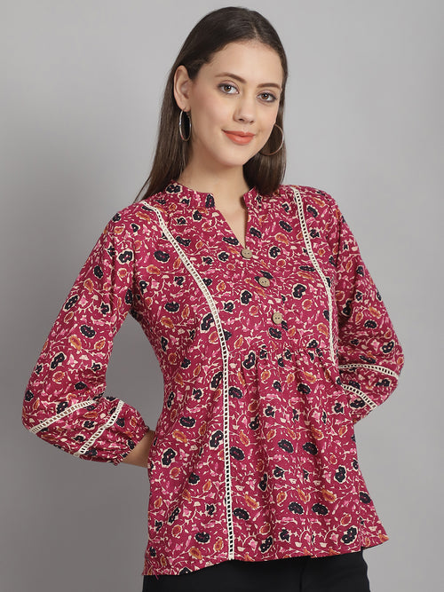 Burgundy Floral Printed Floral Pure Cotton Top