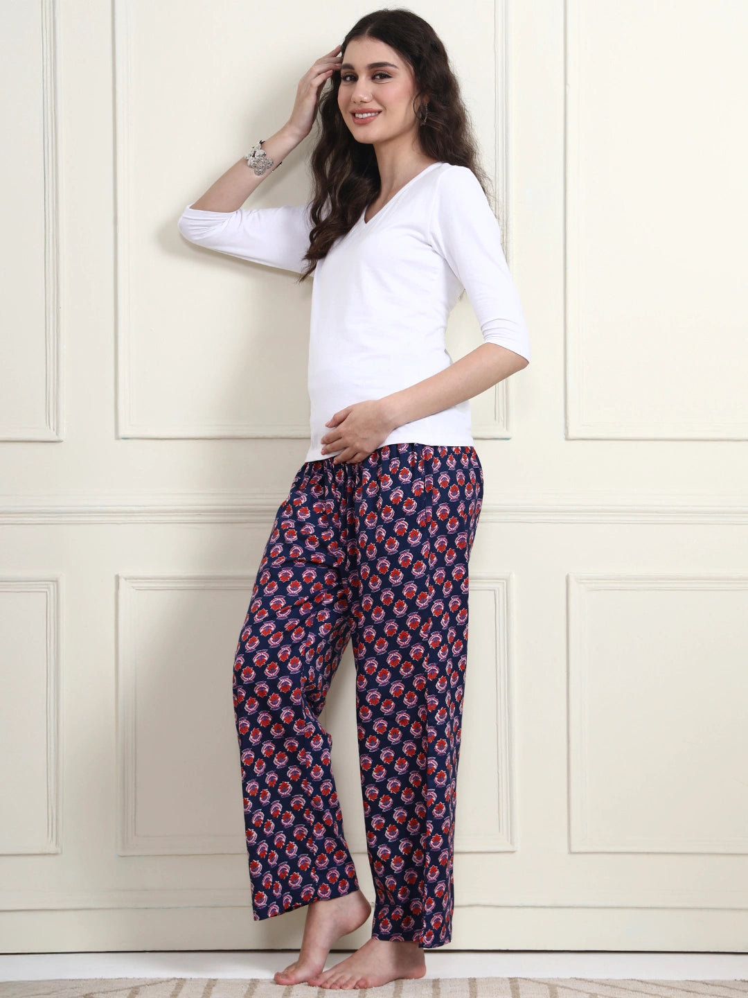 Frempy Black Floral Motif Print Smocked Waist Pure Cotton Maternity Trousers