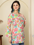 White Floral Printed  A-Line Pure Cotton Short Kurti