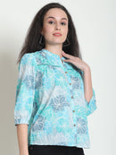 Frempy Women Teal Floral Printed Pure Cotton Top
