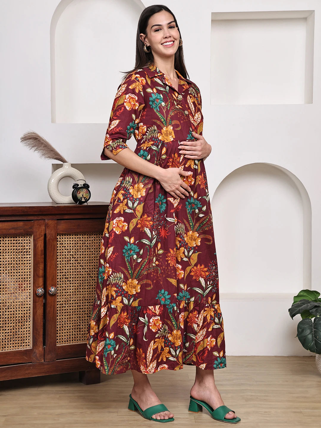 Frempy Women Fit and Flare Maroon Floral Printed Maxi/Full Length Dress