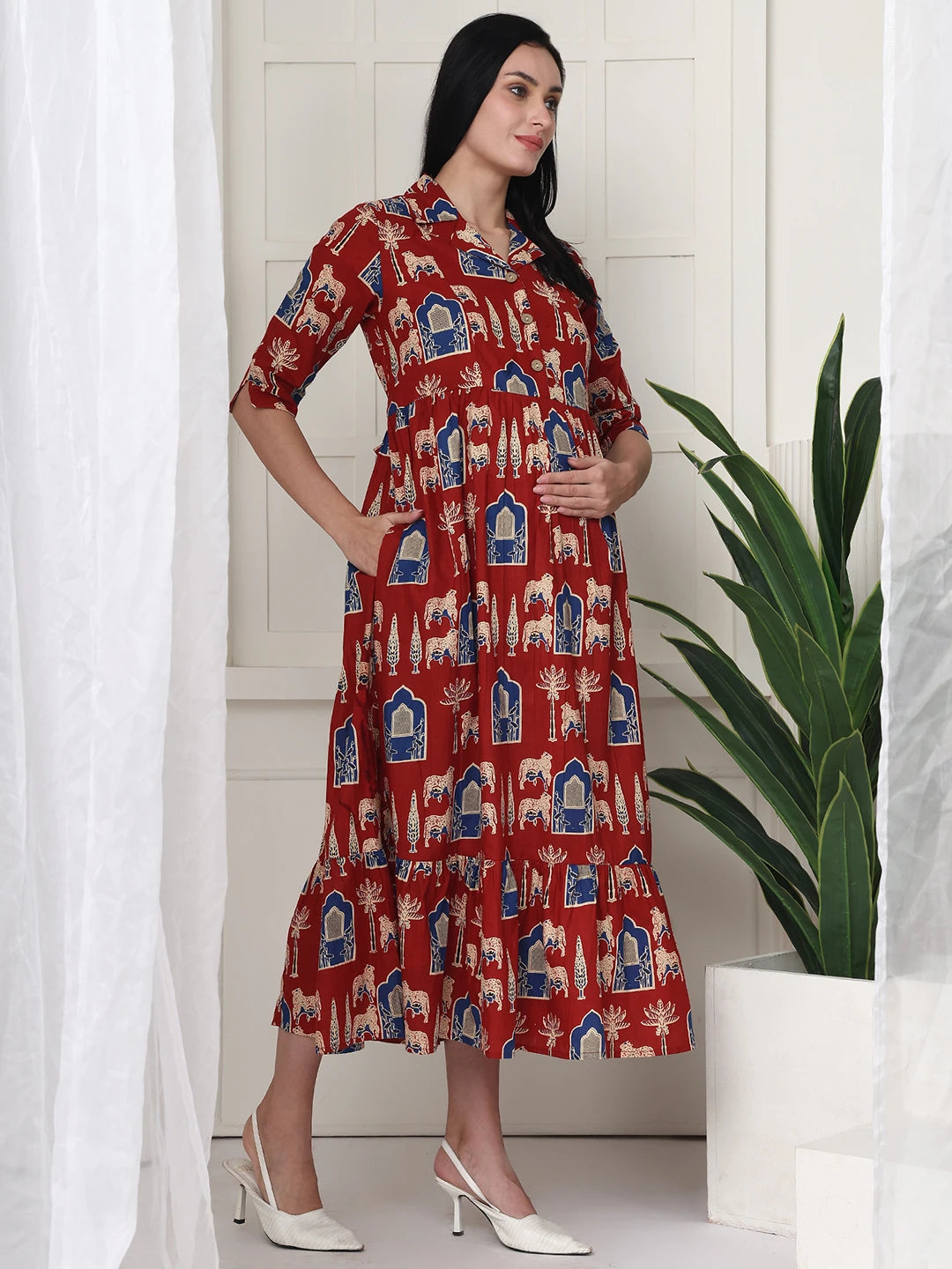 Frempy Women Fit and Flare Maroon Printed Maxi/Full Length Maternity Dress