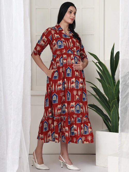 Frempy Women Fit and Flare Maroon Printed Maxi/Full Length Maternity Dress