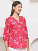 Frempy Women Pink Floral Printed Pure Cotton Top