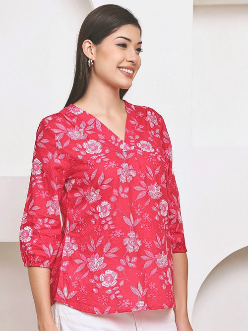 Frempy Women Pink Floral Printed Pure Cotton Top