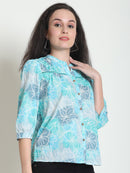 Turquoise Blue Floral Pure Cotton Top