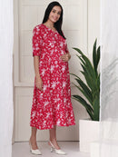 Frempy Women Pink Floral Printed  Maternity Dress