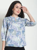 Frempy Women Blue Floral Printed Pure Cotton Top