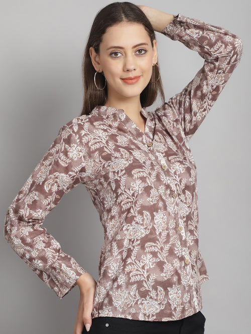 Camel Brown Floral Printed Pure Cotton Top