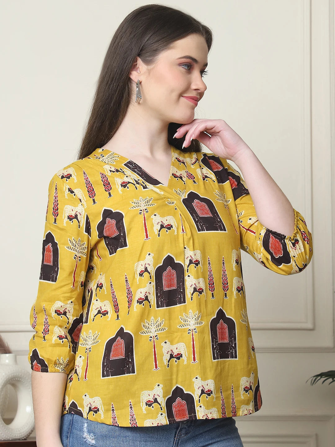 Frempy Women Mustard Yellow Printed Pure Cotton Top