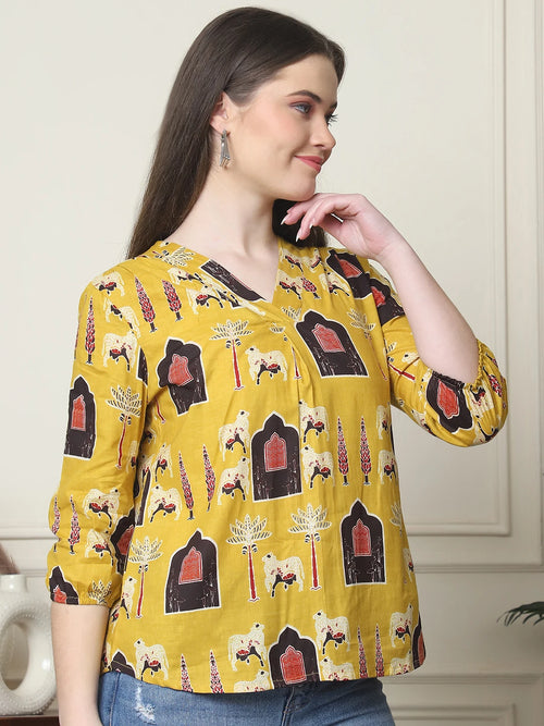 Frempy Women Mustard Yellow Printed Pure Cotton Top