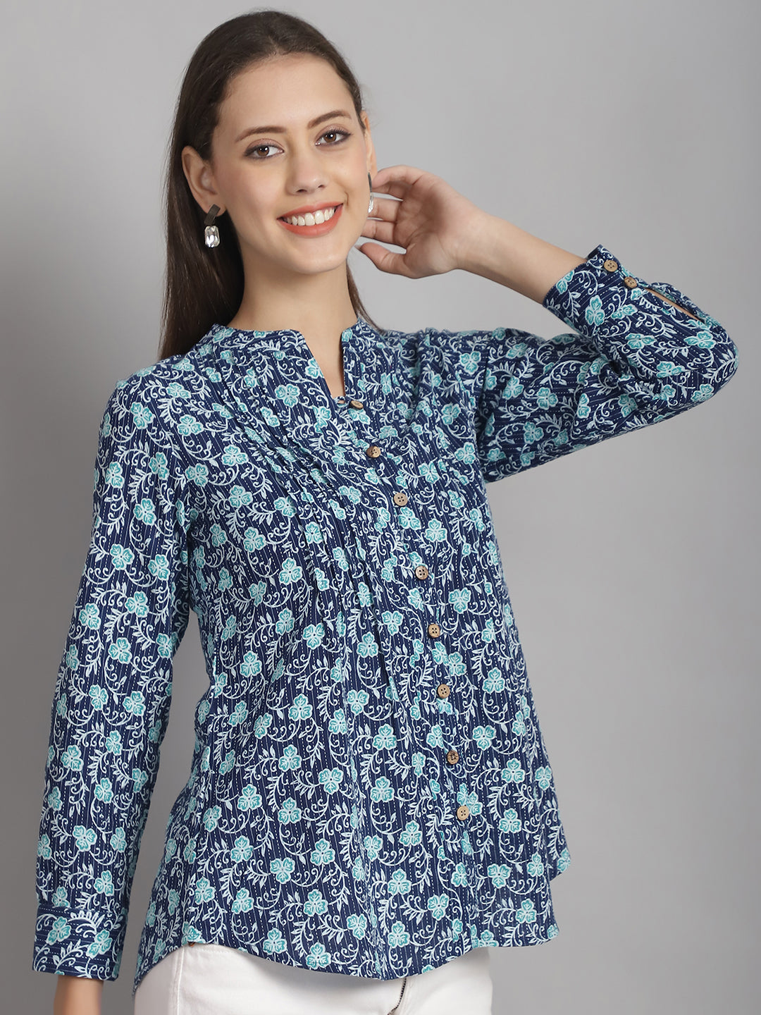 Navy Blue Floral Printed Pure Cotton Top