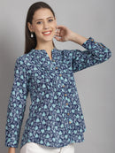 Navy Blue Floral Printed Pure Cotton Top
