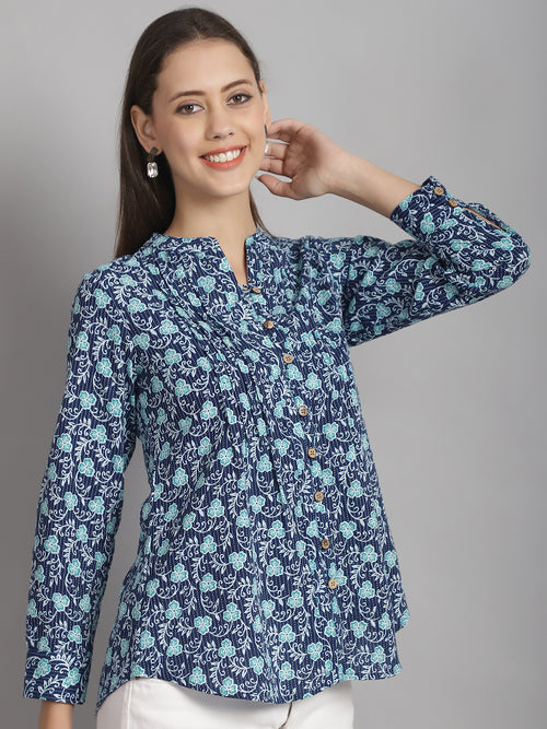 Navy Blue Floral Printed Pure Cotton Top