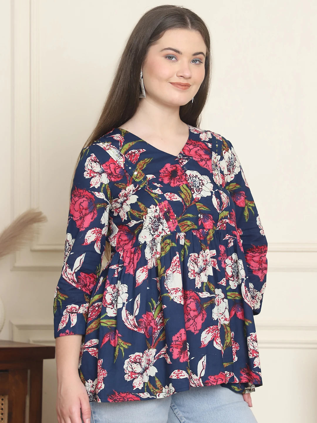 Frempy Women Navy & Pink Floral Pure Cotton Tops