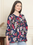 Frempy Women Navy & Pink Floral Pure Cotton Tops