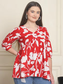 Frempy Women Red Abstract Printed Pure Cotton Top
