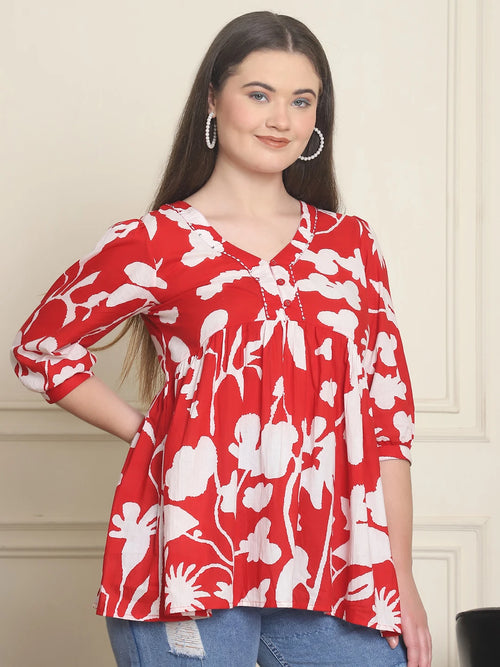 Frempy Women Red Abstract Printed Pure Cotton Top