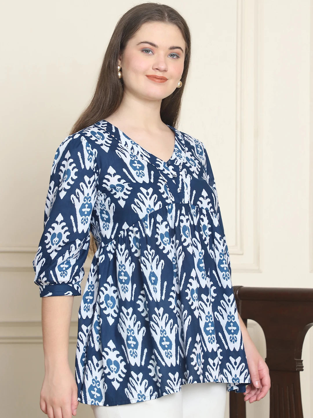 Frempy Women Blue Ikat Motif Pure Cotton Tops