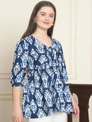 Frempy Women Blue Ikat Motif Pure Cotton Tops