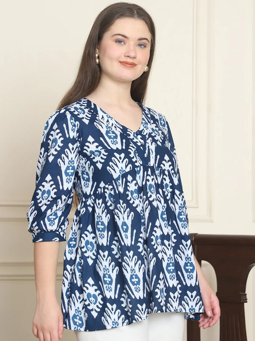 Frempy Women Blue Ikat Motif Pure Cotton Tops
