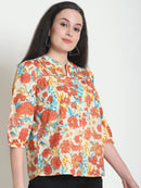Frempy Women Blue Floral Printed Pure Cotton Top