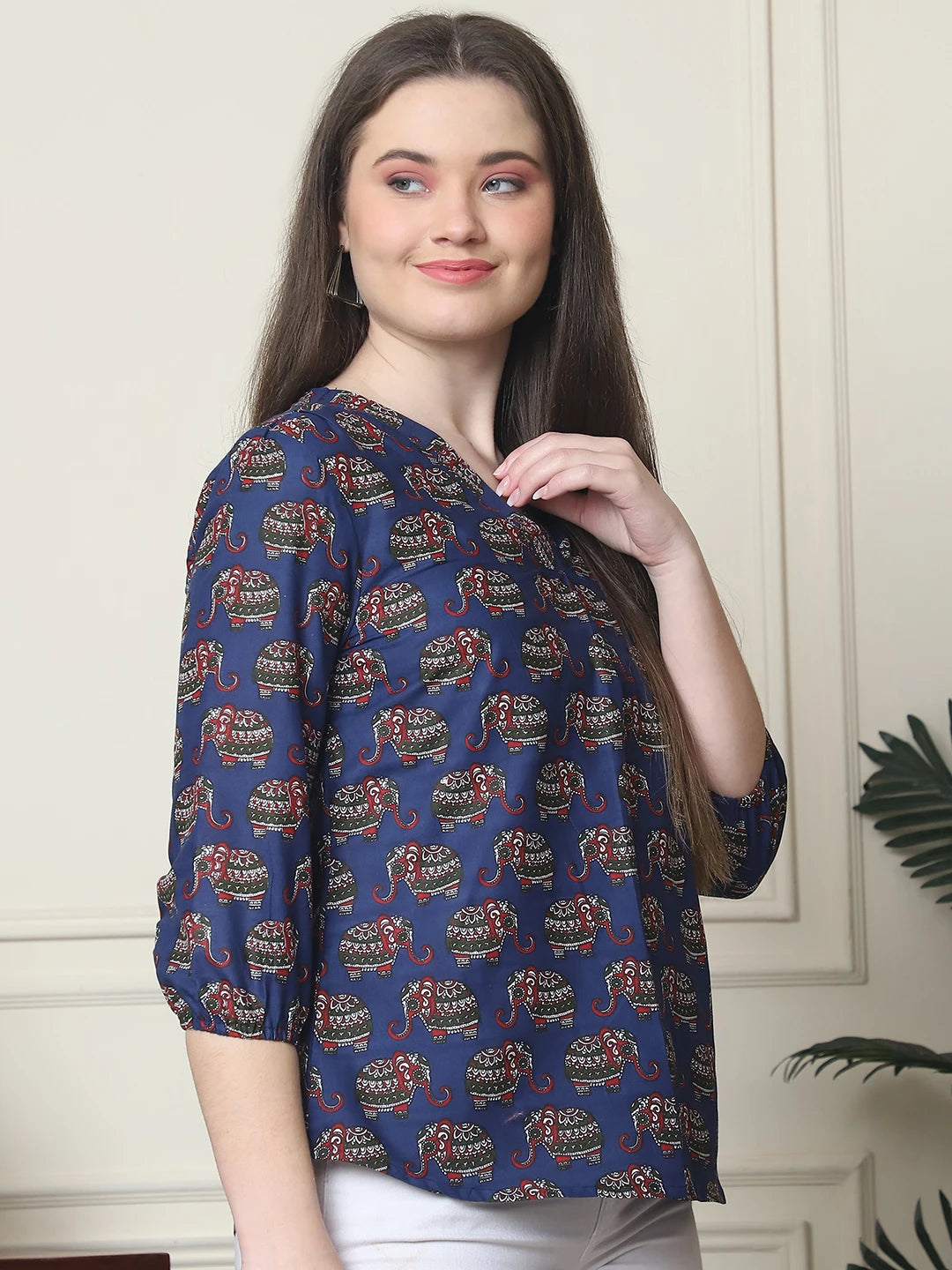 Frempy Women Navy Blue Elephant Printed Pure Cotton Top