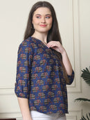Frempy Women Navy Blue Elephant Printed Pure Cotton Top
