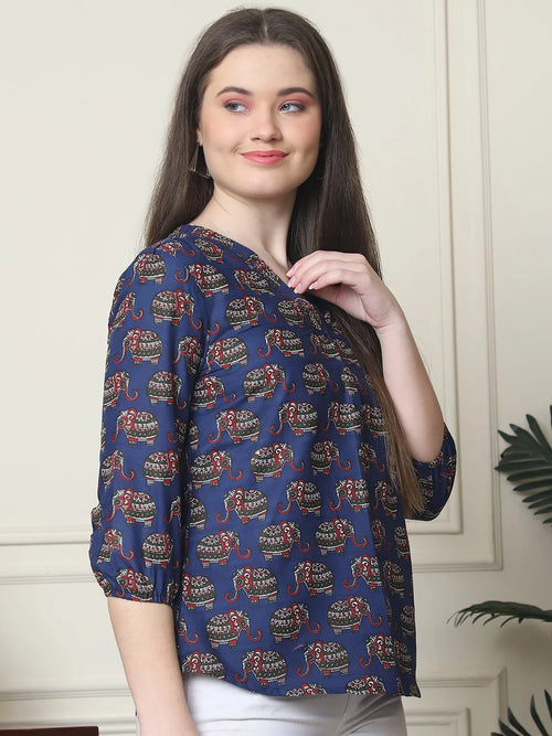 Frempy Women Navy Blue Elephant Printed Pure Cotton Top