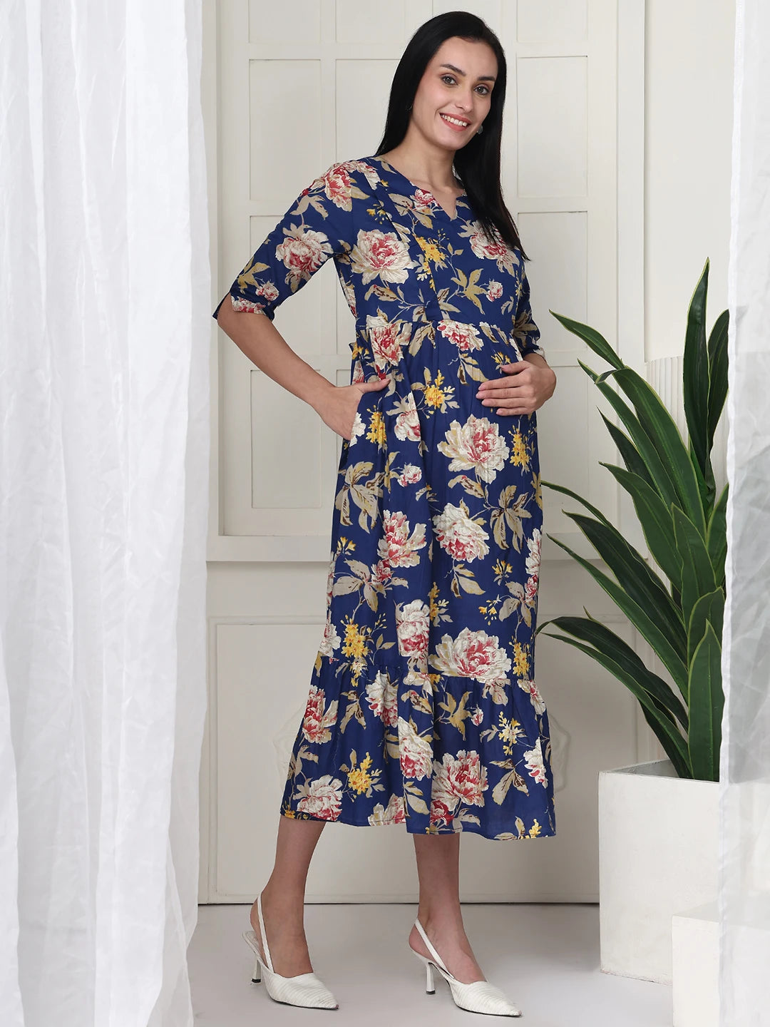 Frempy Women Navy Blue Floral Printed  Maternity Dress